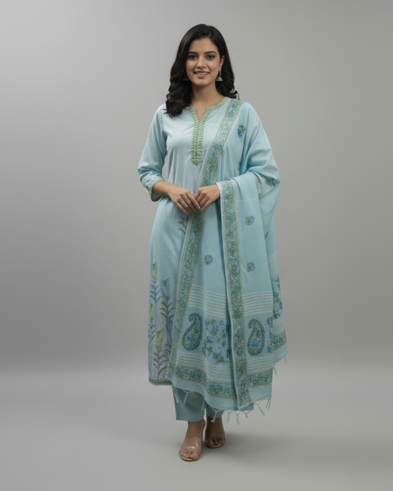 Blue Embroidered Cotton Kurti Set