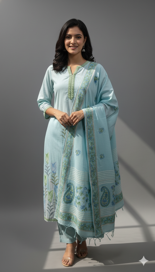 Blue Embroidered Cotton Kurti Set
