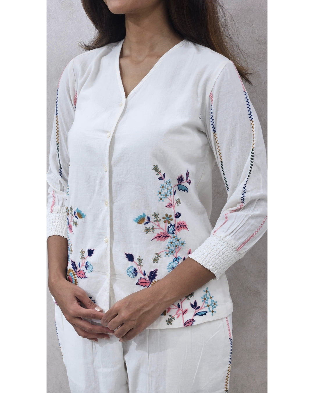 White Floral Embroidered Cotton Coord Set