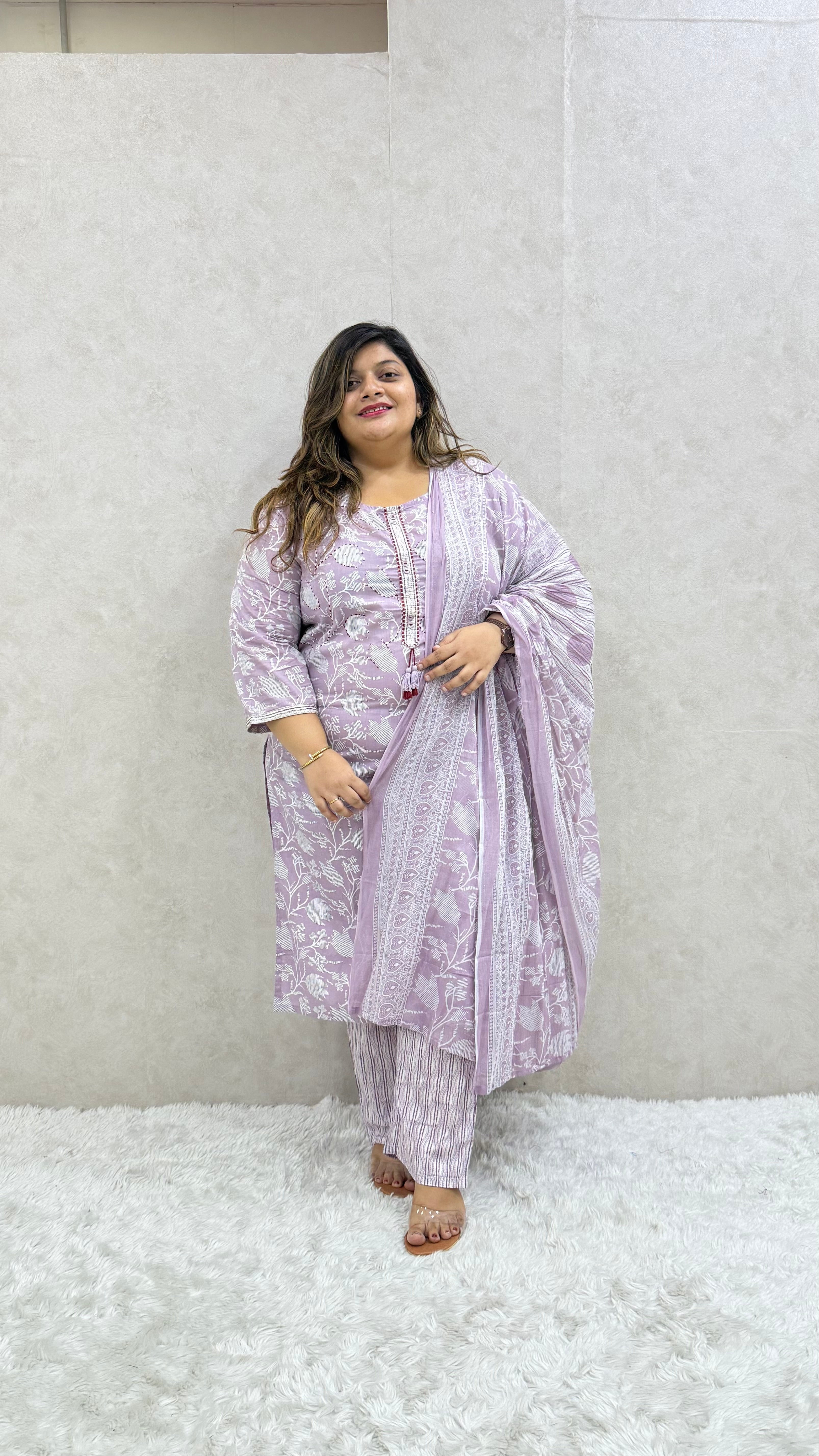 Lavender Foil Printed Cotton Kurta Set