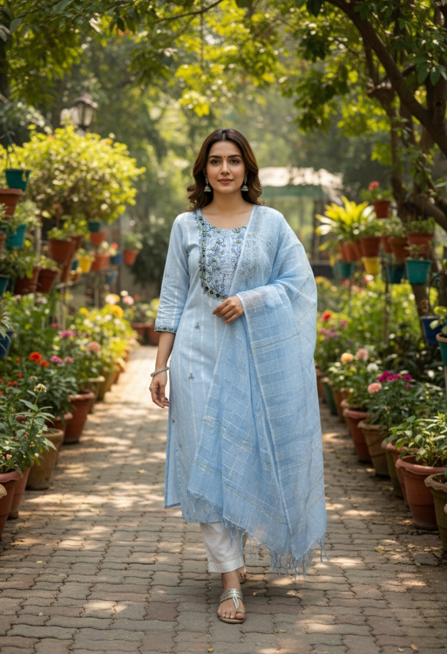 Sky Blue Embroidered Cotton Kurti Set