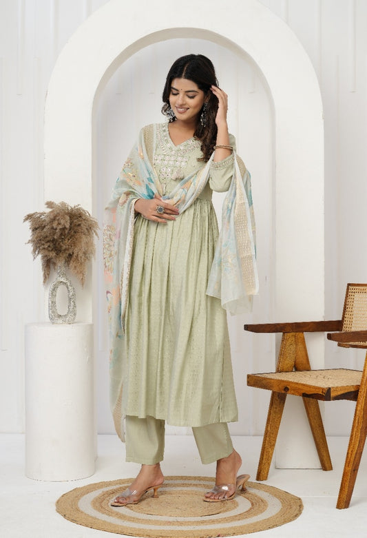 Sage Green Muslin Kurti Set