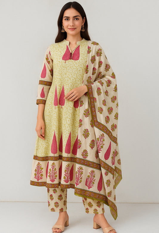 Pista Green and Pink Printed Cotton Kurti Set