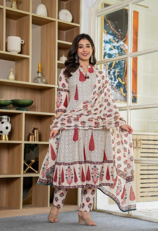 Ivory and Maroon Printed Cotton Kurti Set