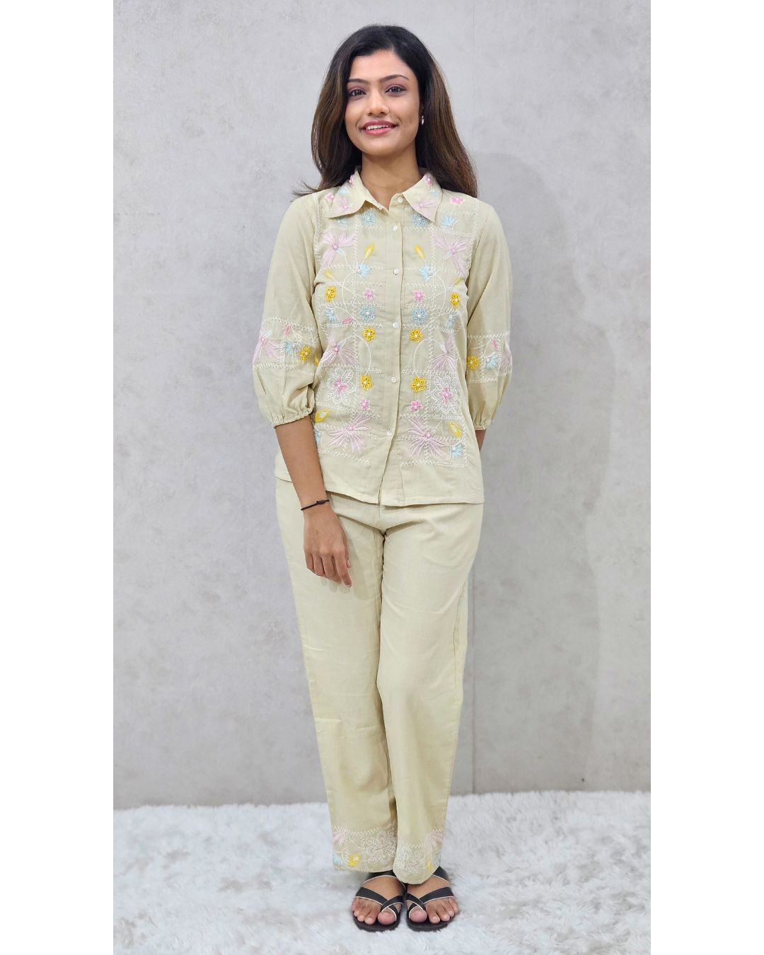 Beige Linen Embroidered Coord Set