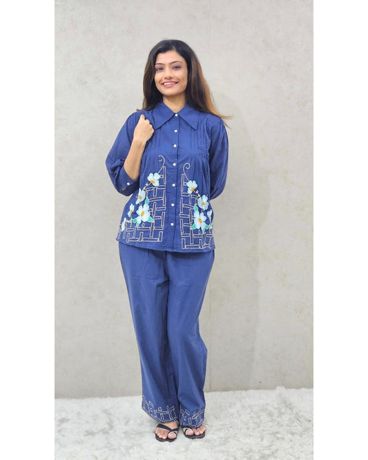 Indigo Floral Embroidered Cotton Co-ord Set