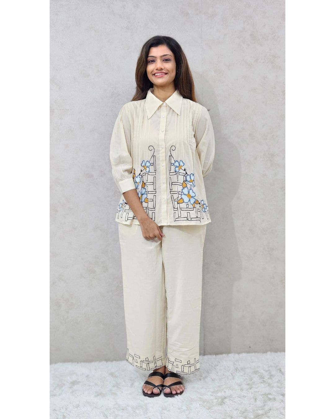 Ivory Floral Embroidered Cotton Co-ord Set