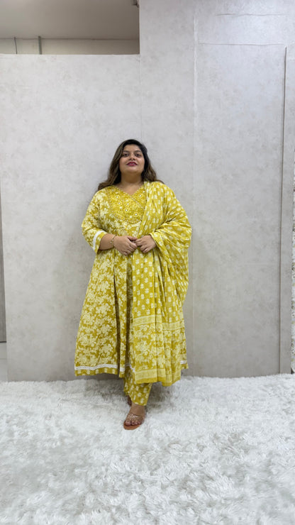 Mustard Yellow Angarakha Cotton Kurta Set