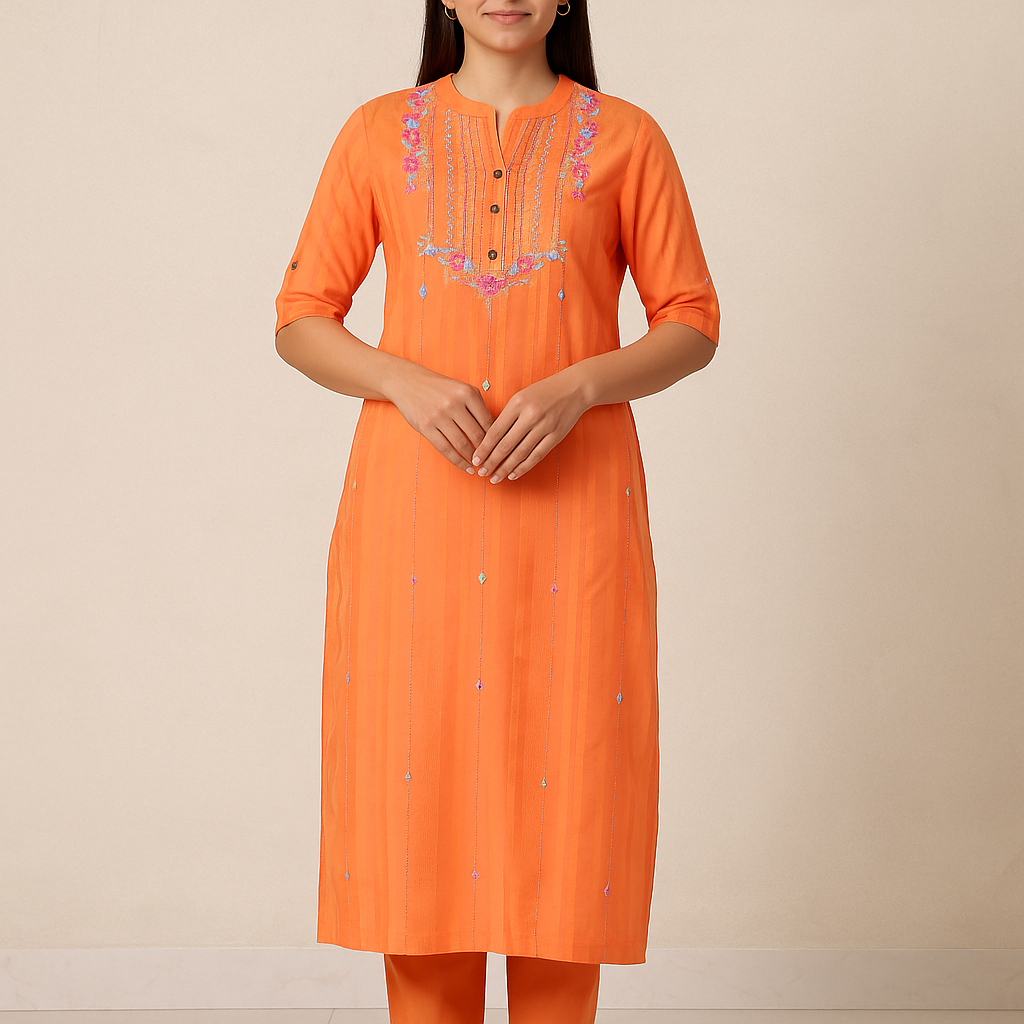 Vibrant Orange Embroidered Cotton Kurti