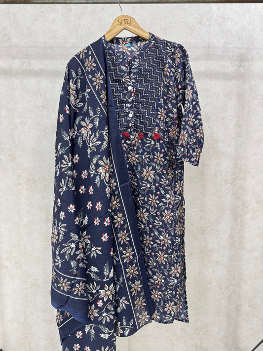 Space Blue Floral Printed Rayon Kurta Set