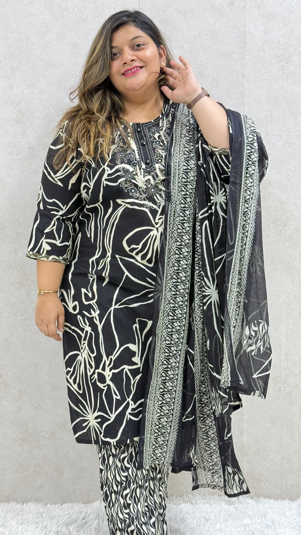 Black Foil Printed Cotton Kurta Set