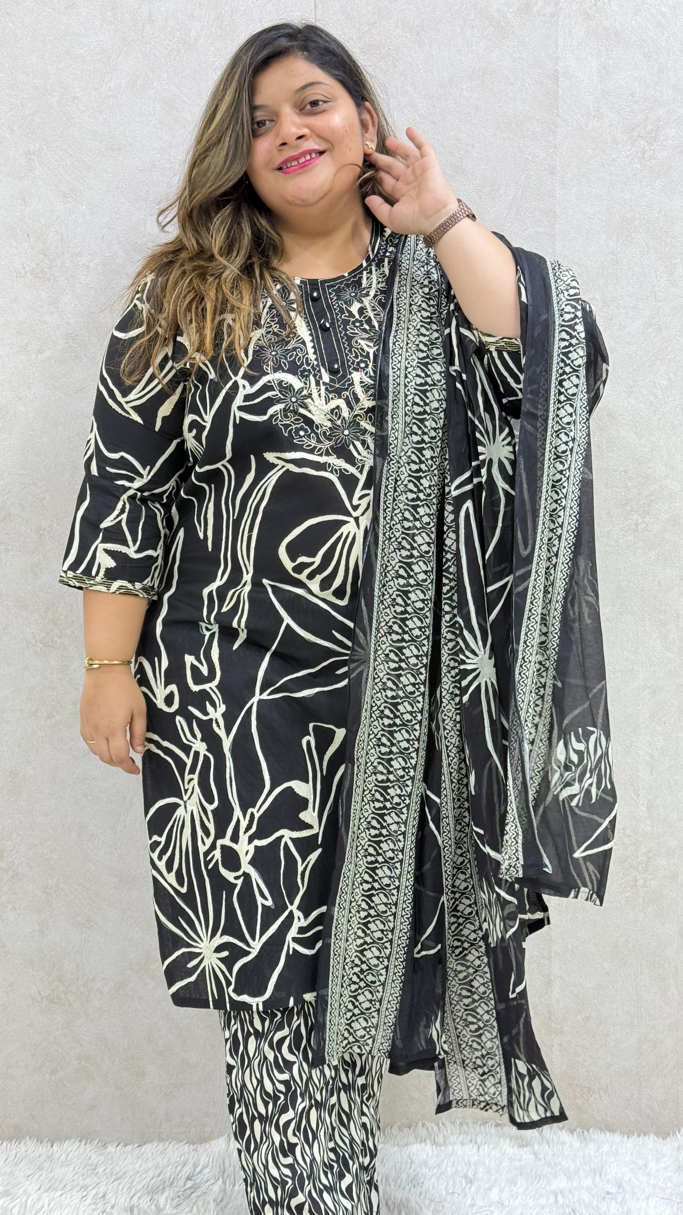 Black Foil Printed Cotton Kurta Set