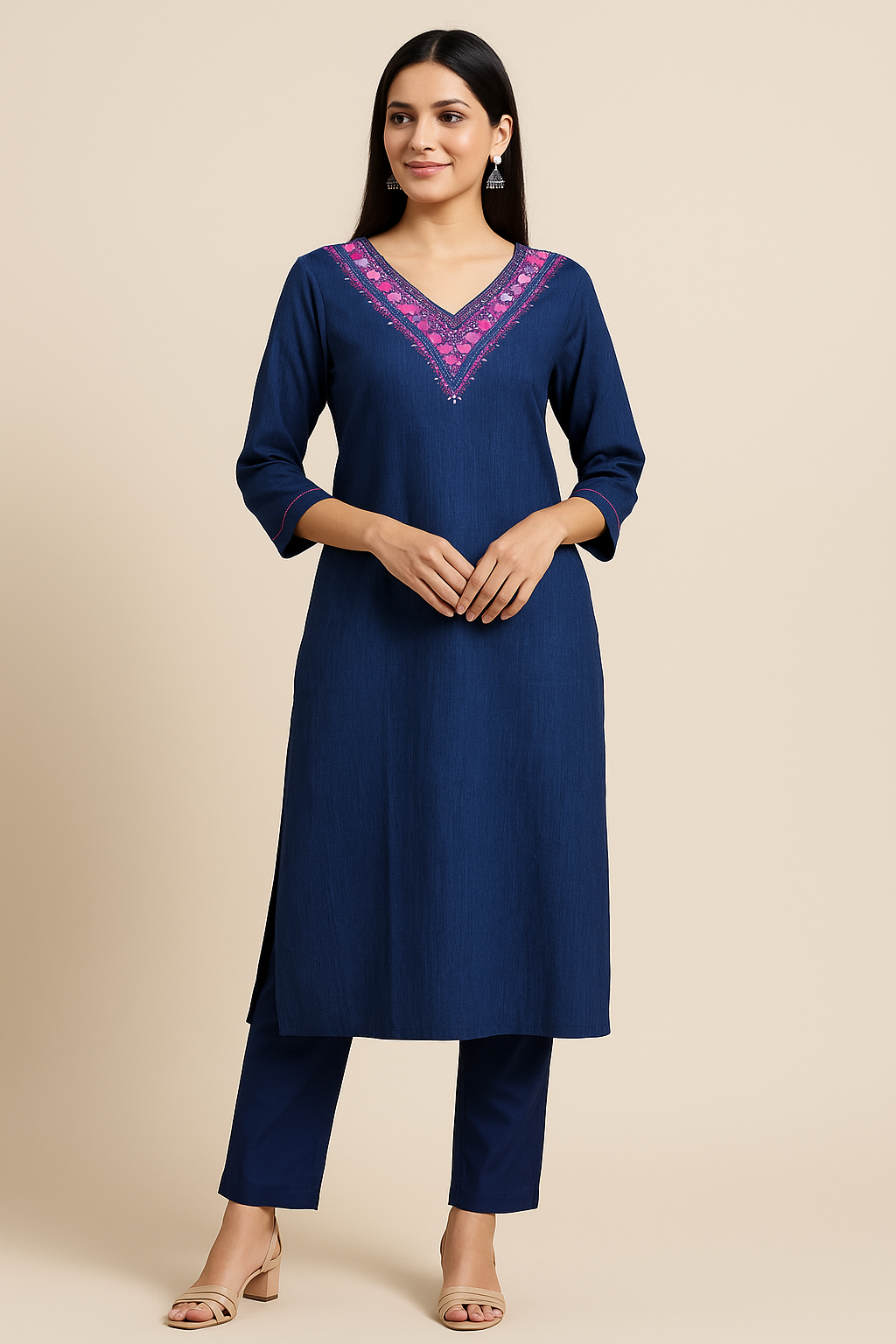 Royal Blue Embroidered Cotton Kurti