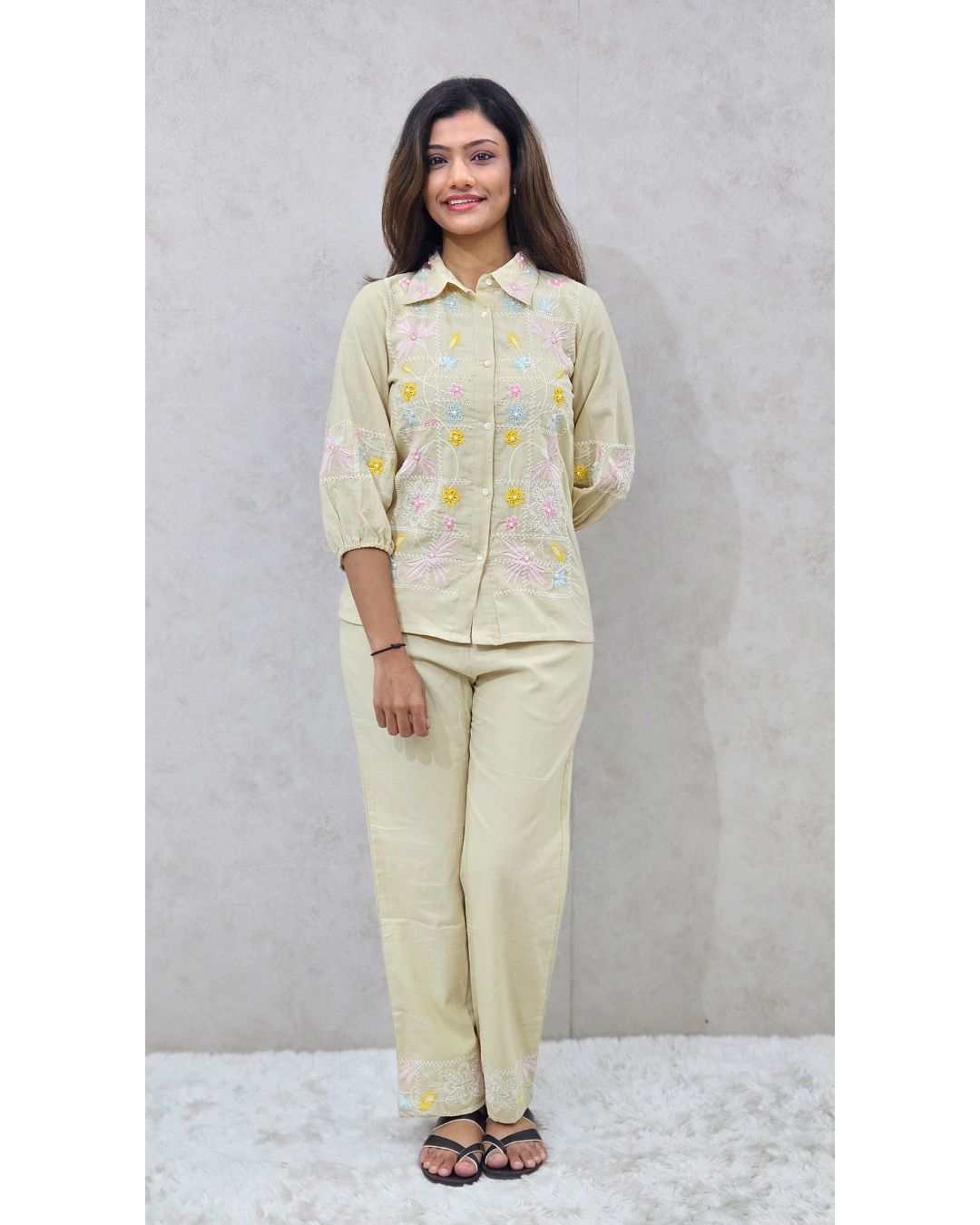 Beige Linen Embroidered Coord Set