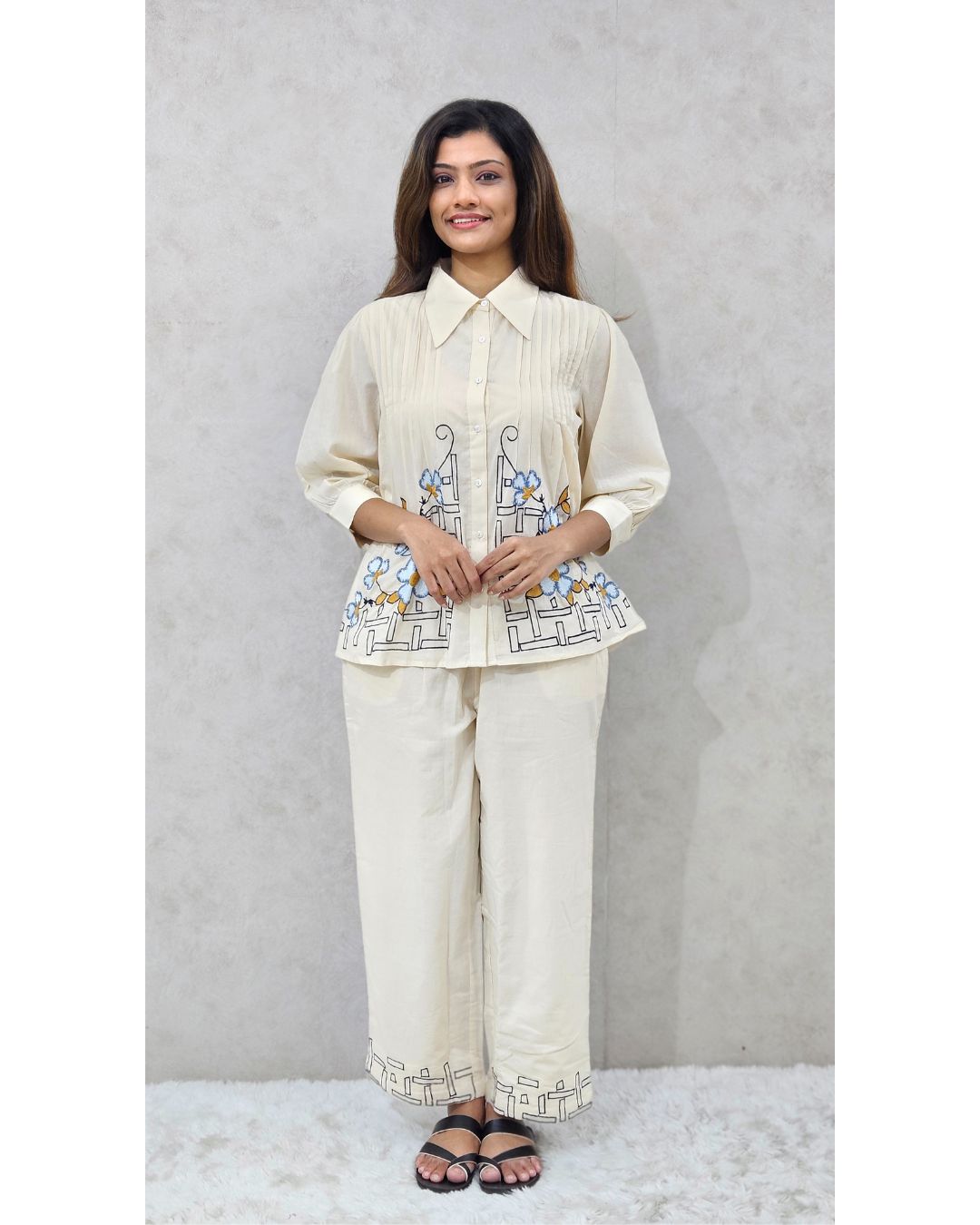 Ivory Floral Embroidered Cotton Co-ord Set