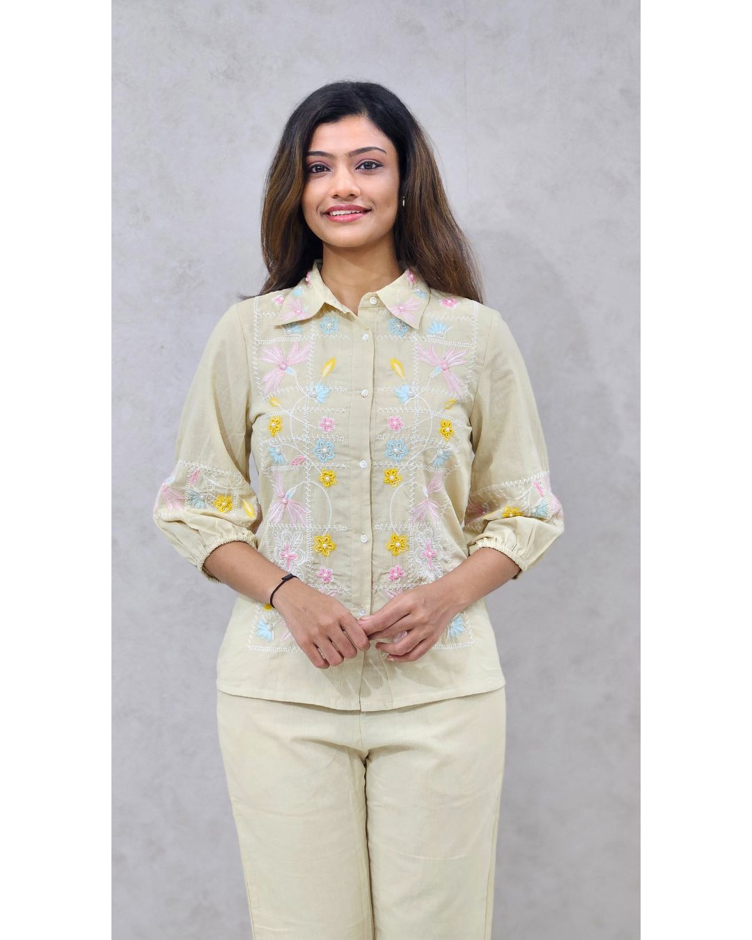 Beige Linen Embroidered Coord Set