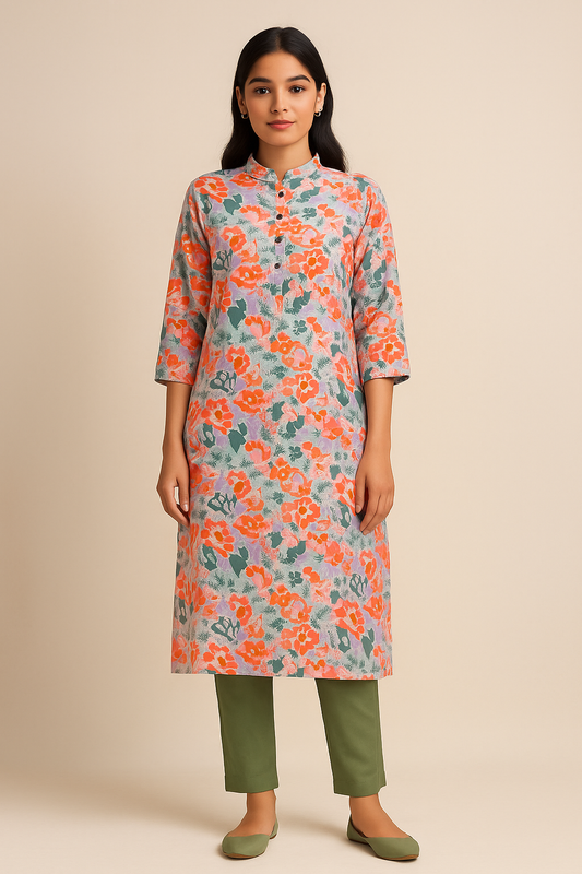 Bright Orange Floral Printed Kurti