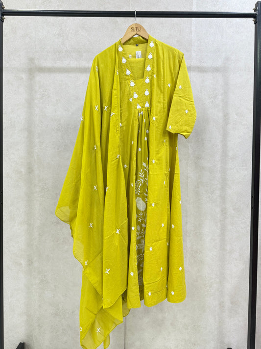 Lime Green Kali Cotton Kurta Set