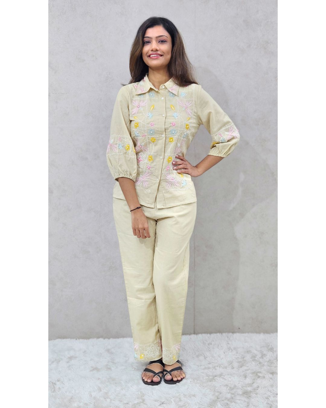 Beige Linen Embroidered Coord Set