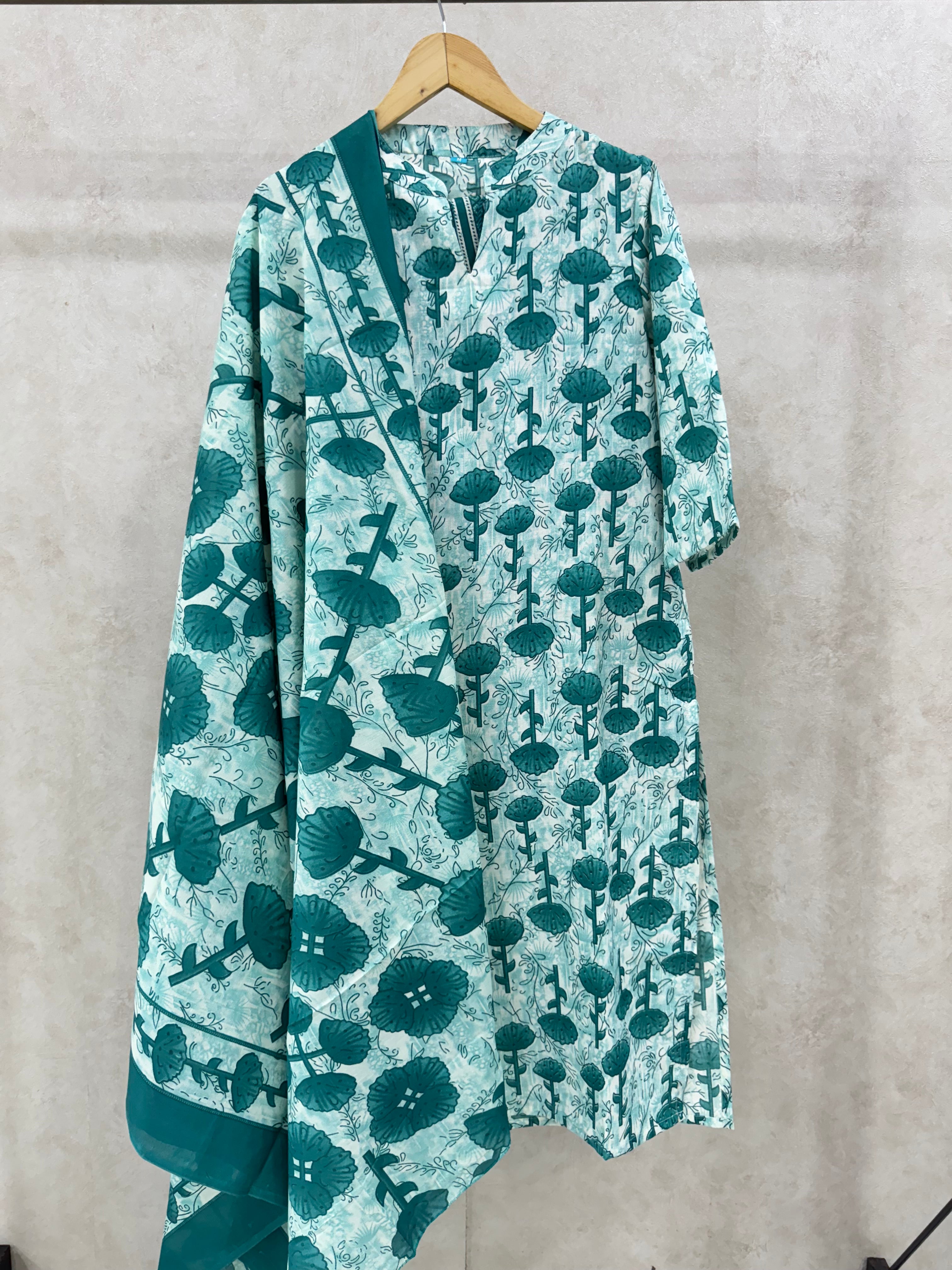 Turquoise Printed Rayon Kurta Set