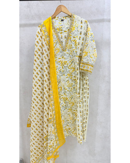 Yellow Pure Cotton Kali Kurta Set