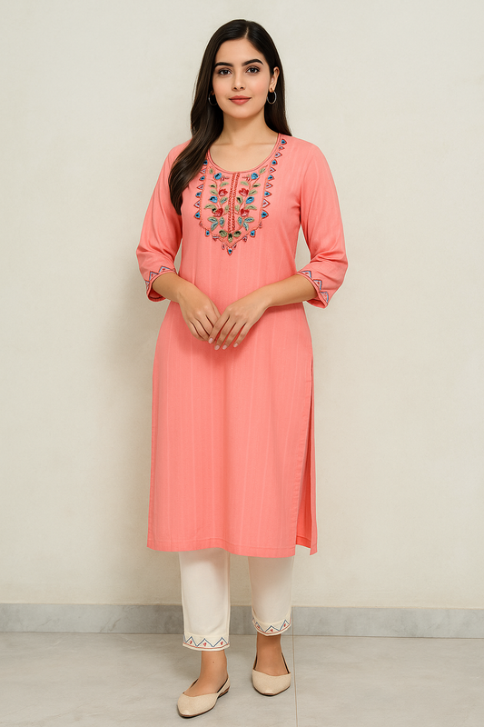 Peach Thread Embroidered Cotton Kurti