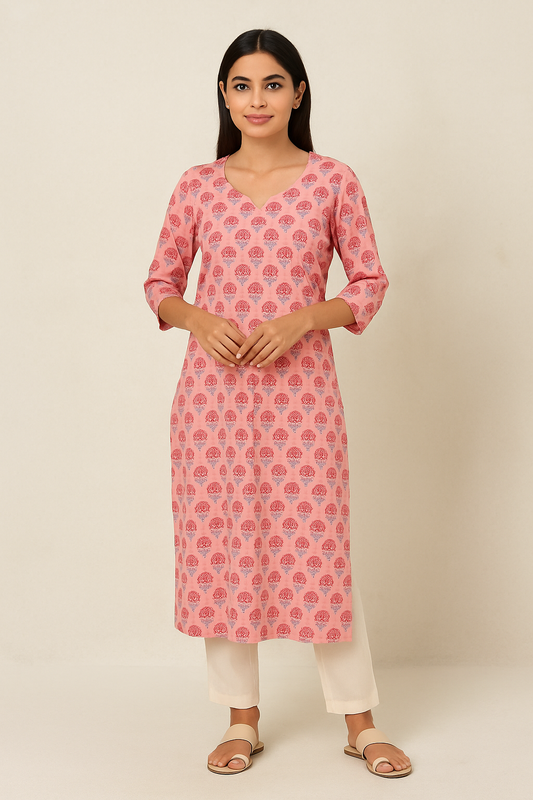 Peach Block Printed Cotton Kurti