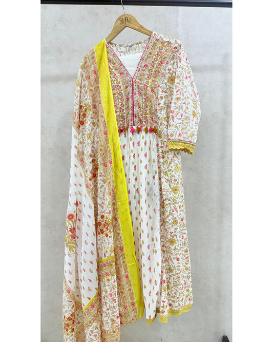 Yellow Pure Cotton Kali Kurta Set