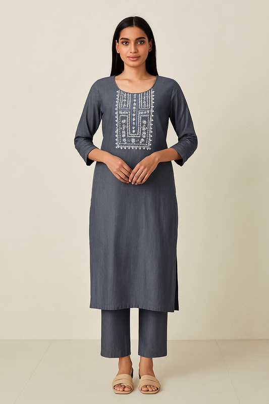Grey Cotton Embroidered Kurti Set