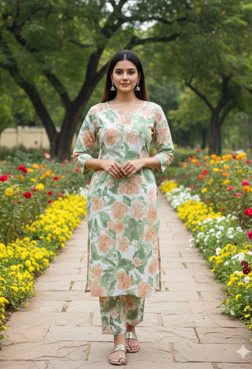 Peach and Sage Floral Cotton Kurti Set