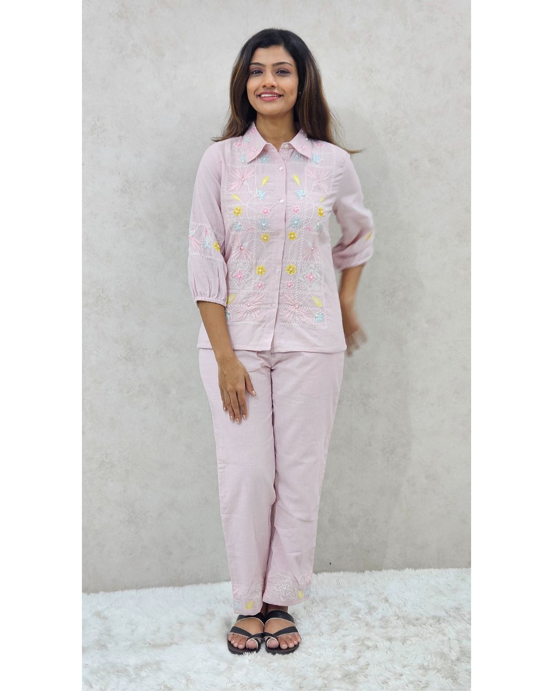 Pastel Pink Linen Cotton Embroidered Coord Set