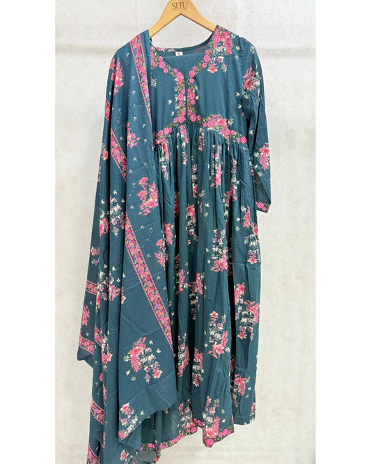 Dark Blue Floral Printed Alia Cut Set