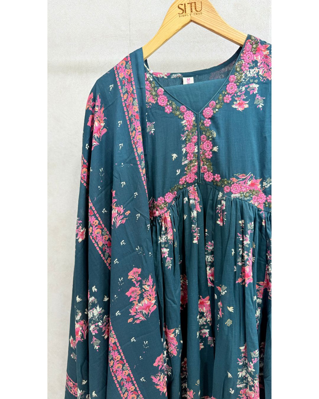Dark Blue Floral Printed Alia Cut Set