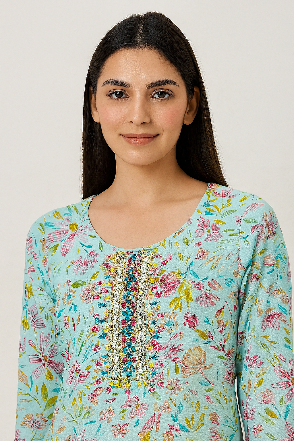 Light Blue Floral Printed Kurti