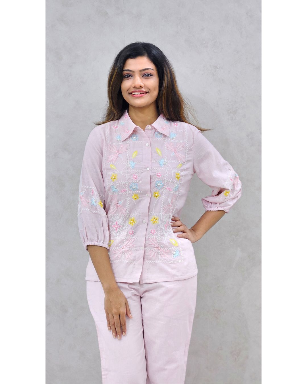 Pastel Pink Linen Cotton Embroidered Coord Set