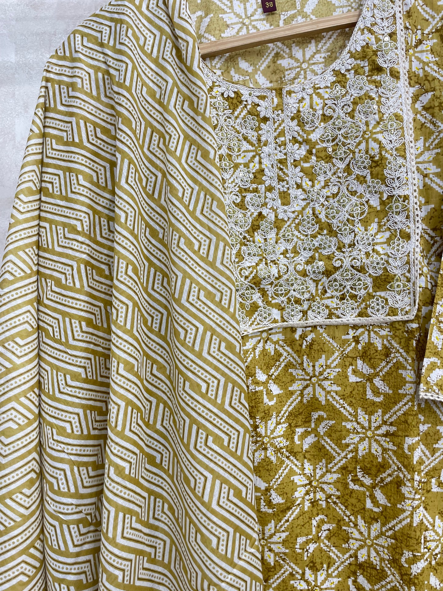 Pale Olive Block Printed Cotton Kurta Set