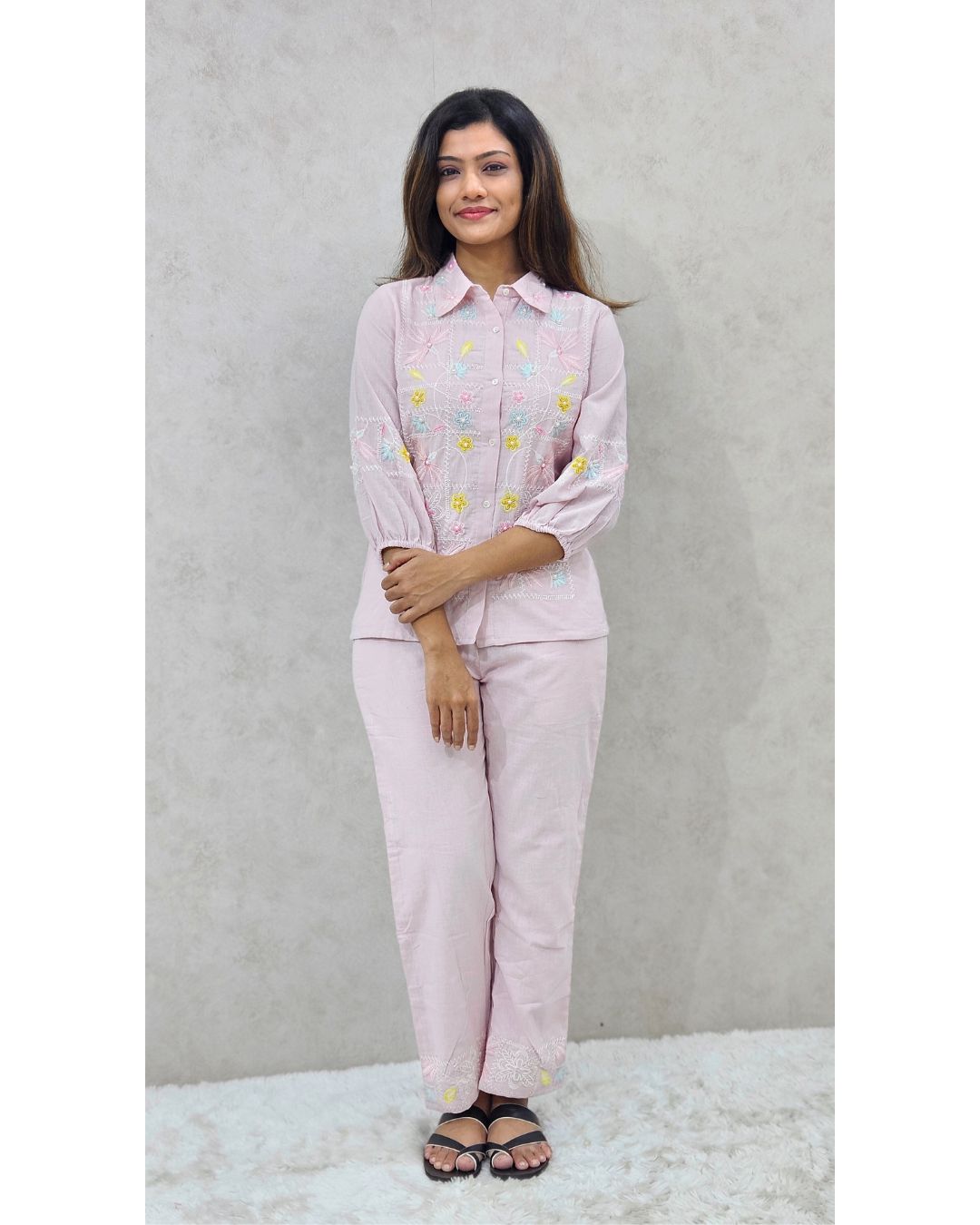 Pastel Pink Linen Cotton Embroidered Coord Set