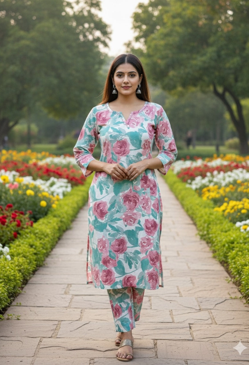 Green and Blush Floral Cotton Kurti Set