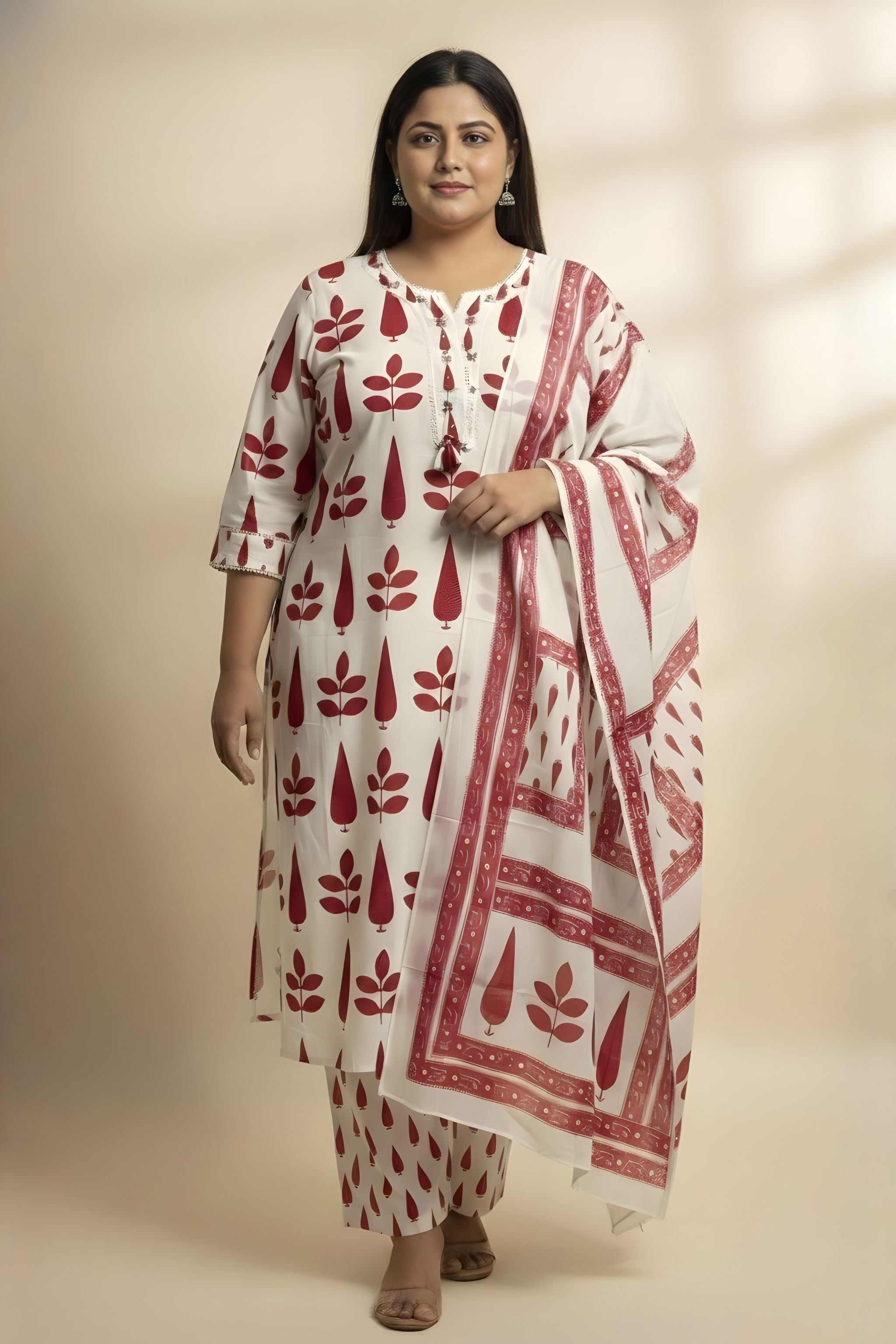 Crimson Leaf Print Kurta Set