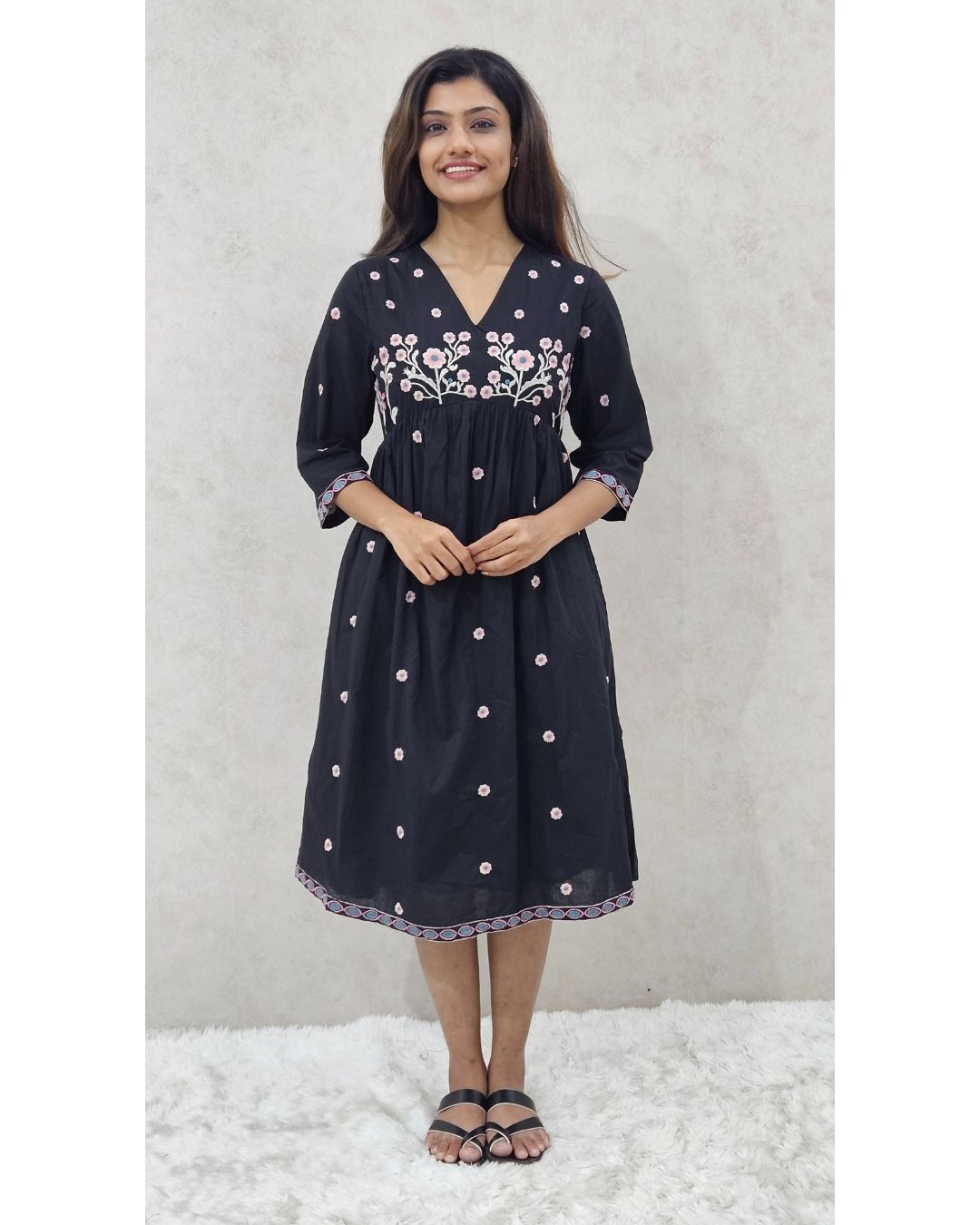 Black V Neck Cotton Fit and Flare Midi Dress For Women