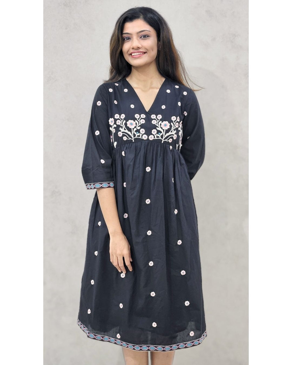 Black V Neck Cotton Fit and Flare Midi Dress For Women