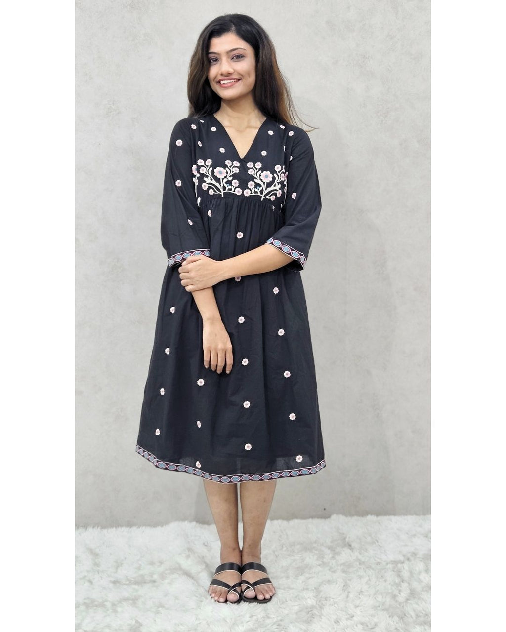 Black V Neck Cotton Fit and Flare Midi Dress For Women