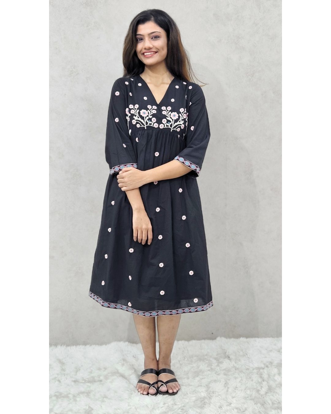 Black V Neck Cotton Fit and Flare Midi Dress For Women