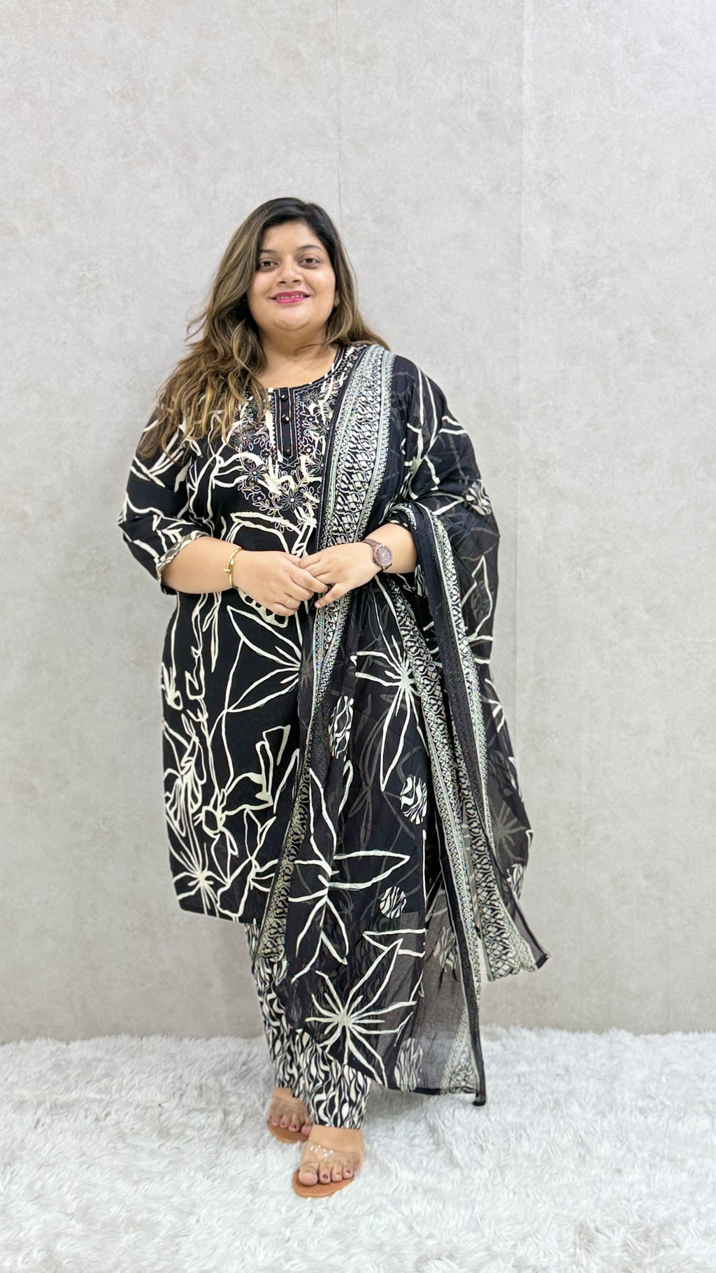 Black Foil Printed Cotton Kurta Set