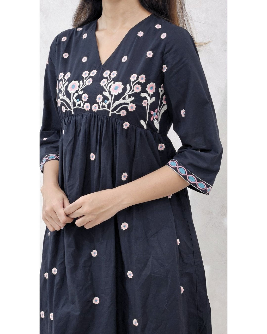 Black V Neck Cotton Fit and Flare Midi Dress For Women