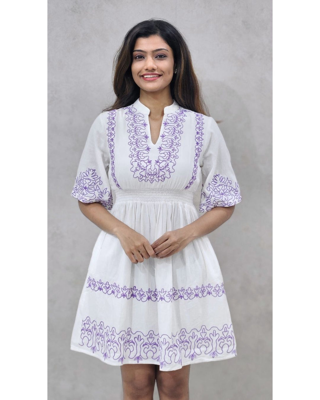 White V Neck Cotton Flare Midi Dress For Women