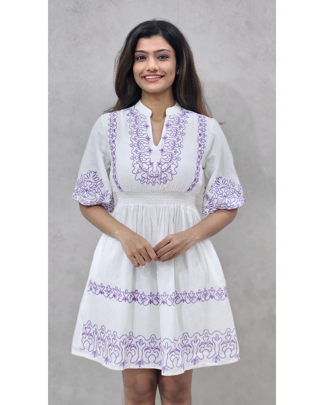 White V Neck Cotton Flare Midi Dress For Women