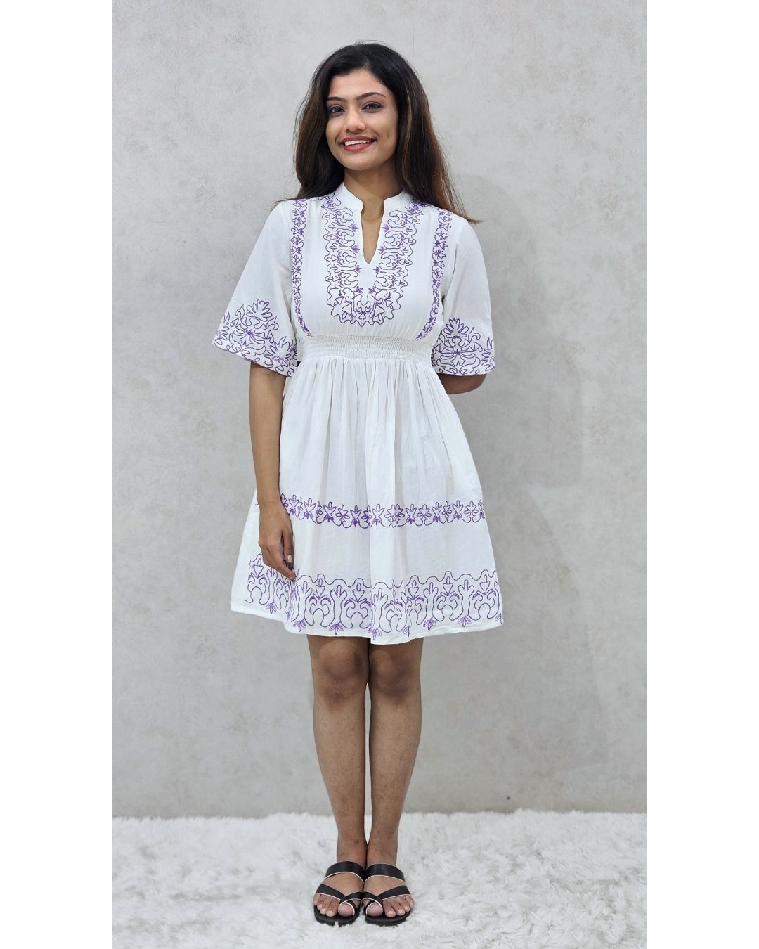 White V Neck Cotton Flare Midi Dress For Women