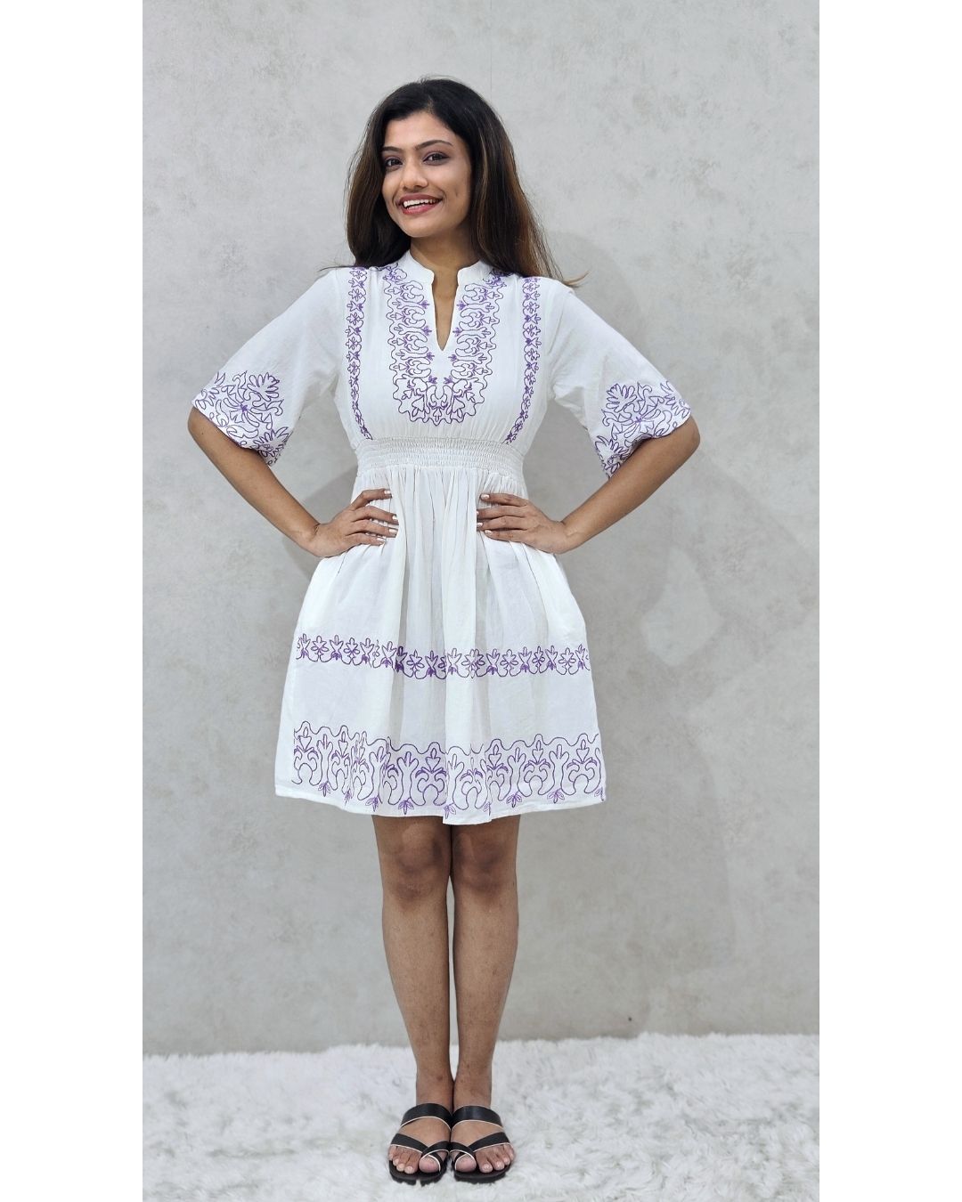 White V Neck Cotton Flare Midi Dress For Women