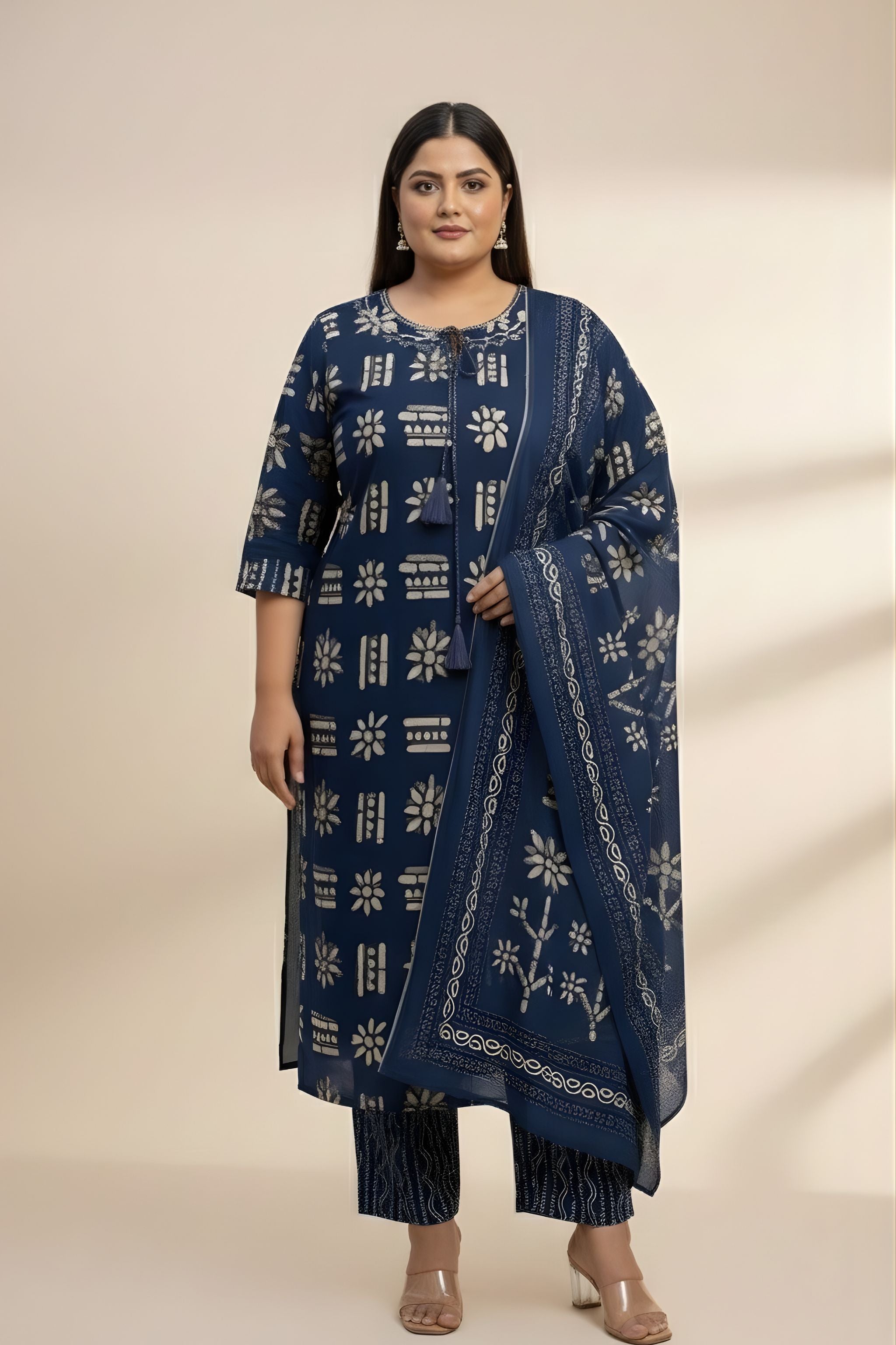 Blue Block Print Cotton Kurti Set